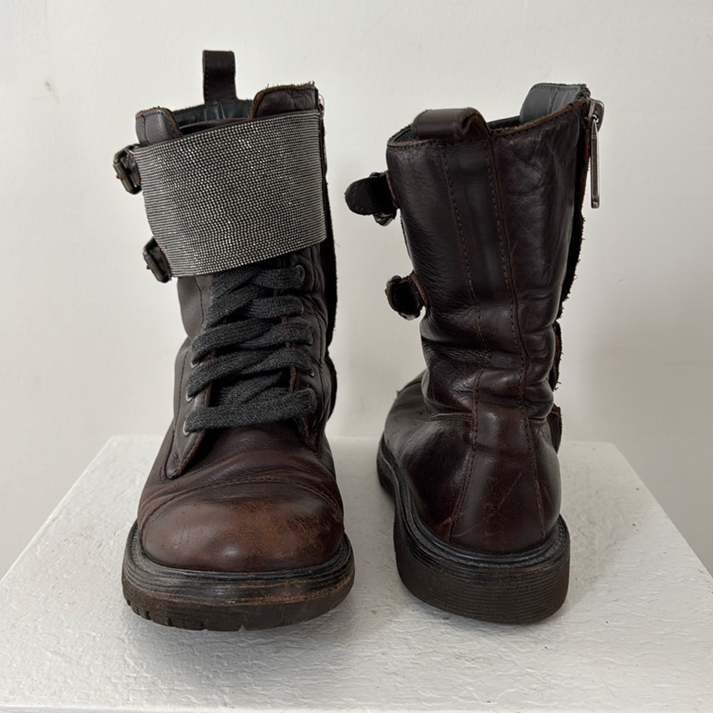 Brunello Cucinelli Brown Leather Moto Boots with Silver Meche Monili 36